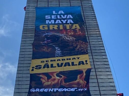 Escalan la Estela de Luz y despliegan manta por la defensa de la Selva Maya